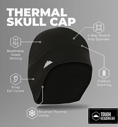 Tough Headwear Thermal Skull Cap - Moisture-Wicking Running Beanie - Snug Fit Ski Helmet Liner - Lightweight Cycling Cap - color: Black - 2 Pack