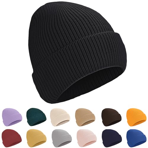 Beanie for Men Women Cuffed Thick Knitted Skull Cap Unisex Winter Hat - color: Black