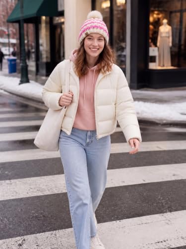 Winter Hats for Women Cable Knit Chunky Skull Cap Fleece Lined Thick Fold Cuff Beanie hat - color: Pink & Cream Beanie, style: Pineapple
