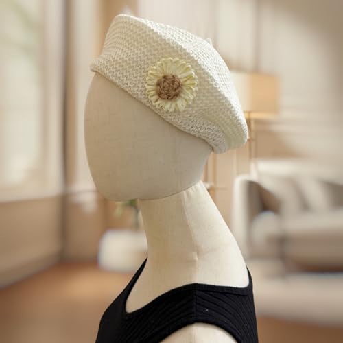 Women Summer French Beret Lady Slouchy Crochet Beret Hats 3D Flower Artist Painters Woven Beach Beanie Cap - color: White+beige