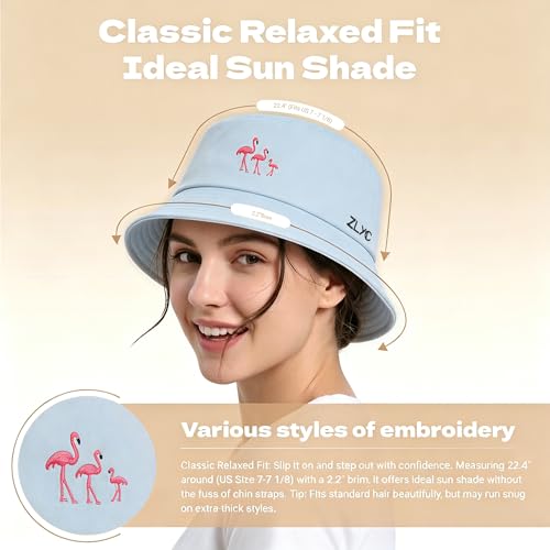 ZLYC Cotton Bucket Hat for Women Men Embroidered Packable Summer Sun Cap - color: Blue Flamingo