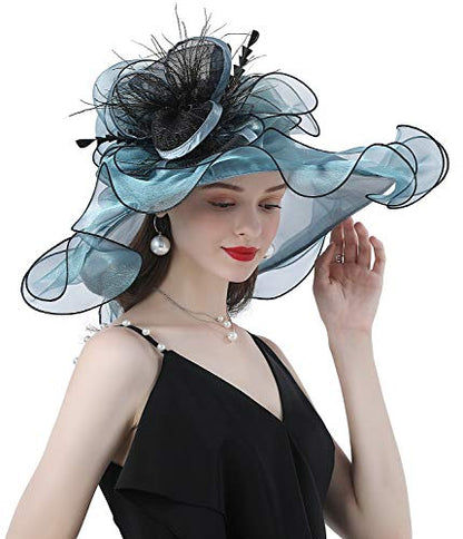 Z&X Women Organza Church Derby Hat Wide Brim Sun Hats for Wedding Tea Party Fascinator Hat, Dual-use - color: 2003- Blue
