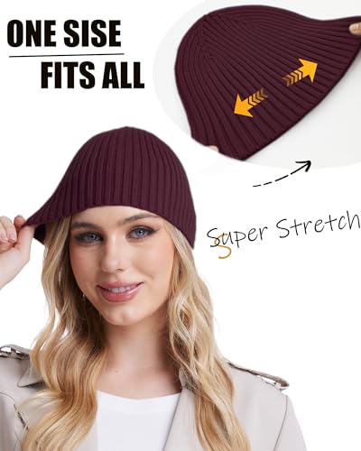 Wool Knit Beanie Hats for Men Women,Cuffless Winter Skull Caps - color: 1-wine Red