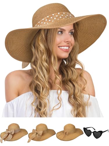 Sun Beach Straw Hats for Women, Summer Wide Brim Hat - color: Khaki, size: X-Large