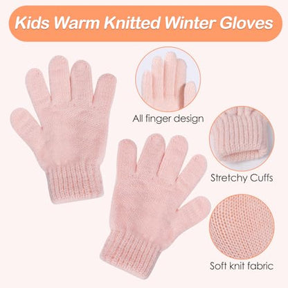 Girls Winter Hat Gloves Set, Kids Cat Embroidered Knit Beanie with Earflaps - color: Pink