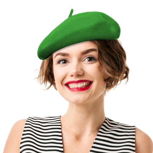 French Beret Hats for Women - Soft Warm Wool Solid Color Beanie Winter Cap - color: Green