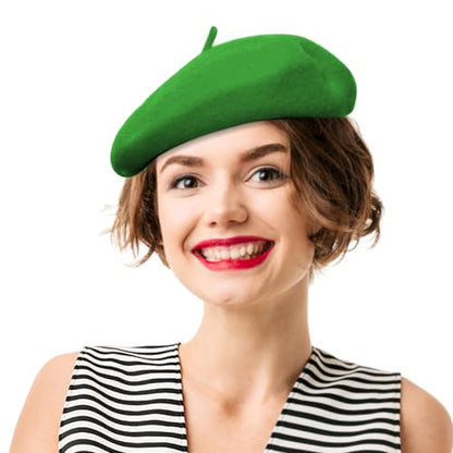 French Beret Hats for Women - Soft Warm Wool Solid Color Beanie Winter Cap - color: Green