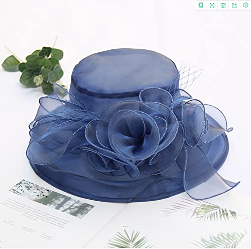 Women's Kentucky Derby Church Dress Hat Wide Brim Leaf Flower Bridal Shower Hat - color: A4 Navy