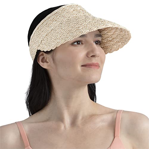 SUN CUBE Women Sun Visor Hat, Straw Beach Hat Wide Brim UV Protection, Foldable Packable Cap, Roll Up Ponytail Summer Visor - color: Brown & Cream