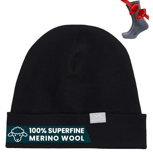 100% Merino Wool Beanie for Women, Men - Set Adult Skull Cap 17.5um & Socks - color: Black, size: Large-X-Large