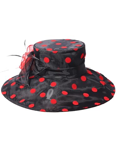 Organza Kentucky Dots Fascinator Hat for Women Ladies Wide Brim Big Sun Hats Wedding Church Hat Derby Cap - color: Black and Red