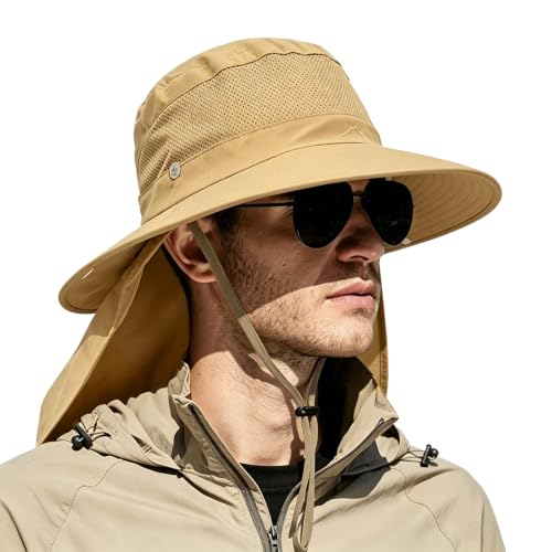 Outdoor Sun Hats with Stowable Neck Flap for Men Women UPF 50+ Mesh Summer Bucket Hat Wide Brim for Fishing Safari Hiking - color: Khaki