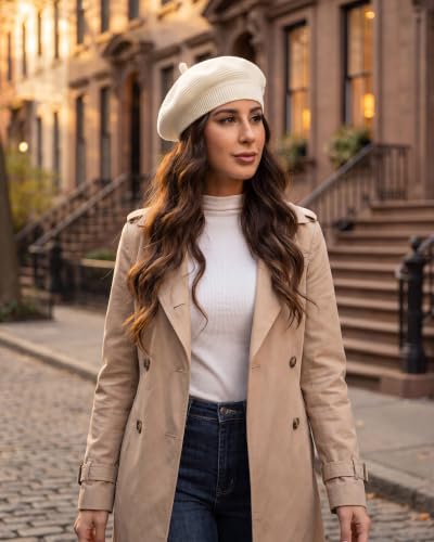Cotton Knitted Women Beret Hat, French Style Solid Color Beret, Winter Autumn Warm and Soft Beanie Hat - color: Cream White