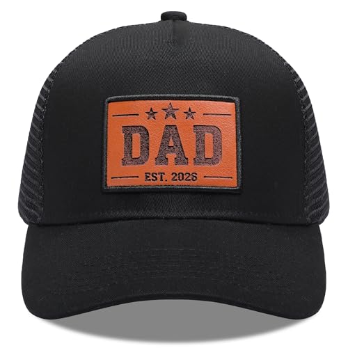 Dad EST.2026 Trucker Hat Baseball Cap for Men, Leather Patch Unique Dad Gifts Perfect Fathers Day Birthday Christmas - color: Black