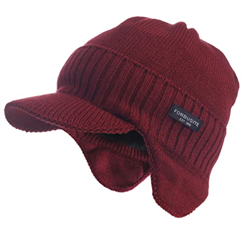 Ruphedy Mens Beanie with Brim Winter Hat Knitted Thick Fleece Visor Beanie - color: B323-claret