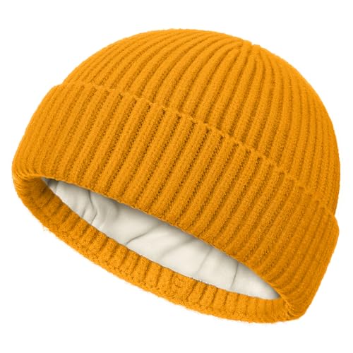 Fleece Lined Wool Short Fisherman Beanie Men Women Cuff Winter Hat - color: 1pc-yellow