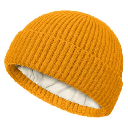 Fleece Lined Wool Short Fisherman Beanie Men Women Cuff Winter Hat - color: 1pc-yellow