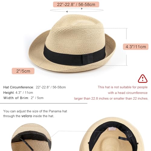 AQOKKA Summer Straw Fedora Hat for Women Men Travel Panama Hat with Wide Brim Roll Up Sun Hat for Beach Outdoor UPF 50+ - color: Beige