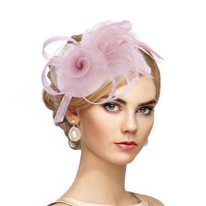 Zinniday Victorian Feather Fascinators Hats - 2025 Derby Attire Headwear with Hairpin,1920s Tea Party Hat for Woman - color: Pink