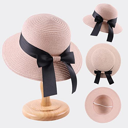 Zsedrut Women,Little Girls Straw Sun Hat Summer Beach Cap Foldable Visor Floppy Hats Wide Brim with Bowknot - color: Pink, size: 2-4T