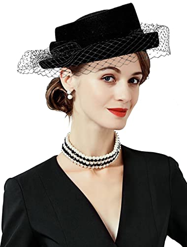 Z&X British Vintage Wool Felt Pillbox Hat Ladies Church Derby Winter Fascinator Hat Veil Flower Fedoras - color: 036 Black