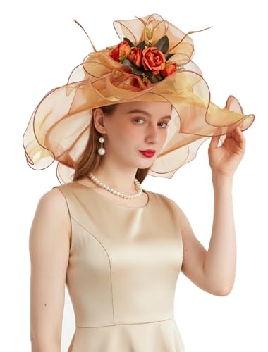 ORIDOOR Women Hats Headband Hairpin Organza Fascinator Church Hat Floral Tea Party Wedding Hat - color: 005 Orange Gold