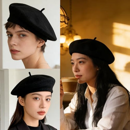 Women French Beret Hat Solid Artist Hat Wool Beret Winter Warm Beanie Cap - color: Black