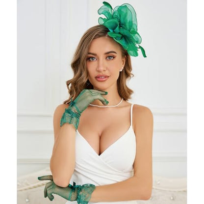 GurZinn Fascinator Hat Veil Feather Fascinator Tea Party Bridal Wedding Veil Pillbox Hat - color: E-green Hat&glove