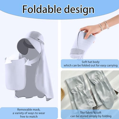 Sun Hat with Face Cover and Arm Sleeves,UPF 50+ Sun Protection Cap,1 Piece Sun Hat and 1 Pair Arm Sleeves,Grey