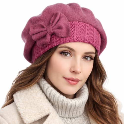 Women Knit 100% Wool Beret Artist Winter French Beret Hats - color: Pink