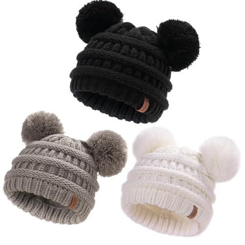 FURTALK Baby Winter Knitted Beanie Hat Soft Warm Pom Poms Toddler Skull Cap - color: Black+white+grey, size: 0-12 Months