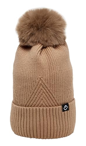 Funky Junque Basics Womens Pom Pom Beanie Winter Hats Cute Diagonal Pattern Fleece Lined Warm Stocking Caps Pompom Toboggan - color: Brown
