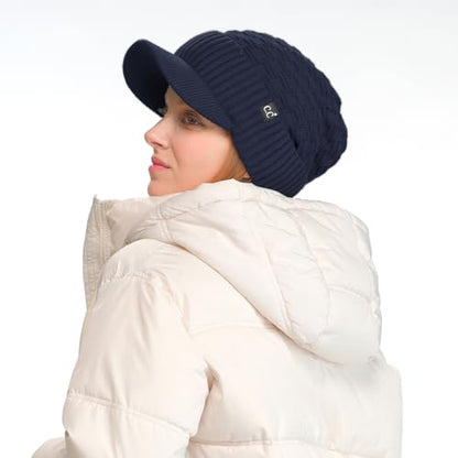 C.C Fuzzy Fleece Lined Warm Oversized Chunky Soft Stretchy Oversized Two Way Ribbed Slouchy Knit Hat with Visor Brim - color: Navy Blue
