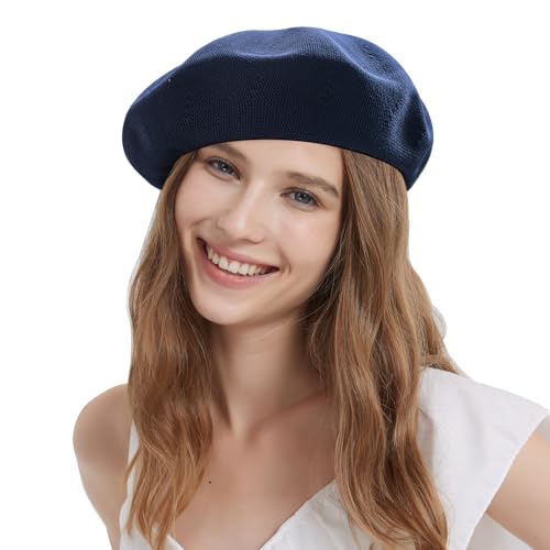 Summer French Beret Breathable Thin Beret Hat Solid Color Beanie for Women Lady - color: Navy Blue