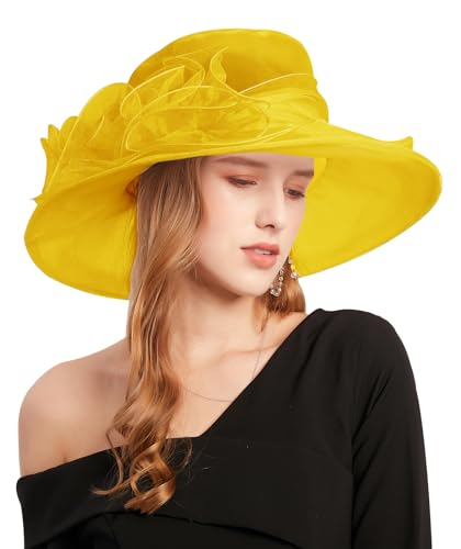Women's Kentucky Derby Church Dress Hat Wide Brim Leaf Flower Bridal Shower Hat - color: G7 Yellow