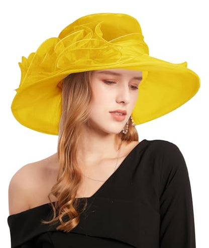 Women's Kentucky Derby Church Dress Hat Wide Brim Leaf Flower Bridal Shower Hat - color: G7 Yellow
