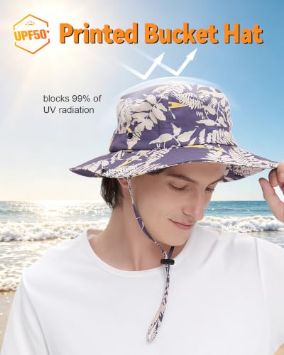 Printed Bucket Hat UPF 50+ Sun Hat, Women Men Roll-Up Brim Boonie Hat - color: Purple