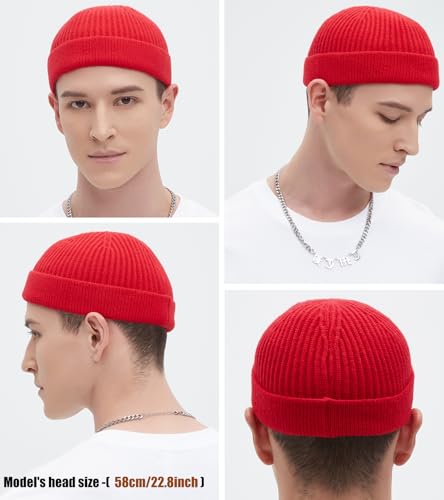 Wool Fisherman Beanie for Men Wome, Thin Knit Winter Hats Skull Cap - color: Red