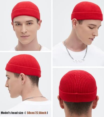 Wool Fisherman Beanie for Men Wome, Thin Knit Winter Hats Skull Cap - color: Red