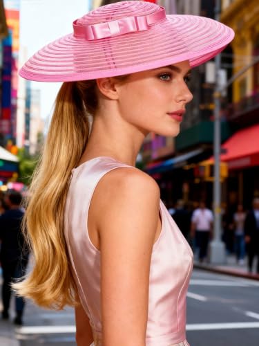 Vintage Fascinators Pillbox Hat for Women Straw Fedora Wide Brim Ladies Church Sinamay Derby Hats - color: Rose