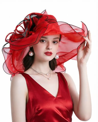 ORIDOOR Women Hats Headband Hairpin Organza Fascinator Church Hat Floral Tea Party Wedding Hat - color: 013b Red