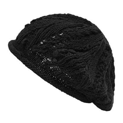 ZLYC Women Cotton Slouchy Crochet Beret Handmade Cutout Floral Beanie Hat - color: Knit Black