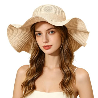 Women Floppy Sun Hat with Wide Brim, Foldable Roll-Up Straw Beach Hat Summer Hat for Travel - color: Beige