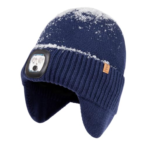 TOP-EX DryKnit™ Waterproof 50% Merino Wool LED Beanie Hat with Ear Flaps - color: Blue, size: Medium-Large