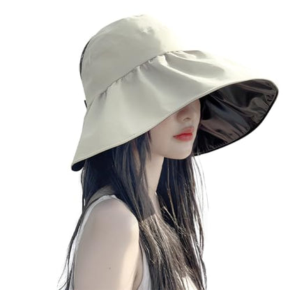 Sun Visor Hat for Women UPF 50+ Wide Brim Packable Ponytail Hat Shapeable UV Protection Shell Hat Roll-up Foldable Sun Hat - color: Beige