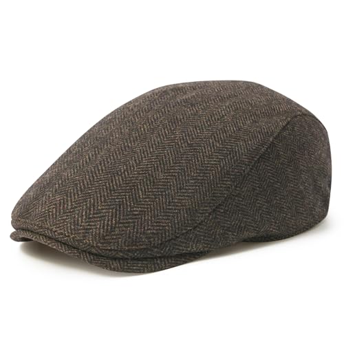FEINION Men Wool Blend Flat Cap Tweed Newsboy Ivy Hat - color: Herringbone Coffee