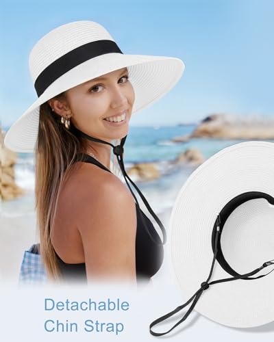 Sun Straw Hats for Women, Wide Brim Summer Beach Hat - color: White, size: Large