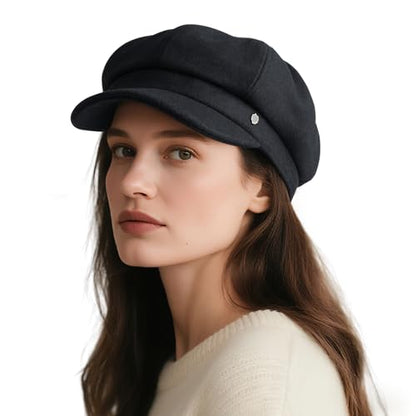 VOBOOM 8 Panel Wool Tweed Newsboy Gatsby Ivy Cap Golf Cabbie Driving Hat - color: Pain Black