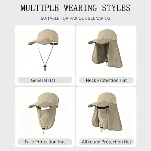 2Pack Men’s Foldable Sun Hat with Removable Face Mask & Neck Flap, UPF 50+ UV Protection, Quick-Drying Outdoor Fishing Cap - color: Light Grey+khaki
