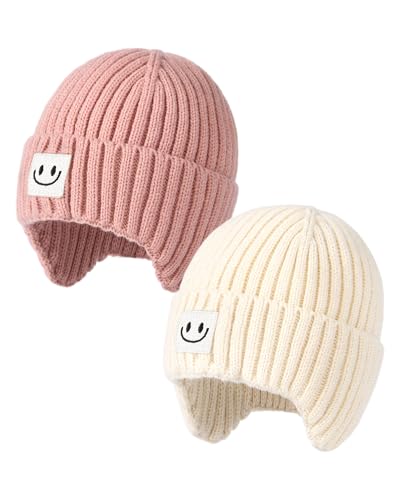 FURTALK Baby Beanie Toddler Winter Warm Hat Infant Soft Fleece Lined with Earflap Cute Knit Kids Caps - color: Beige+pink, size: 0-6 Months